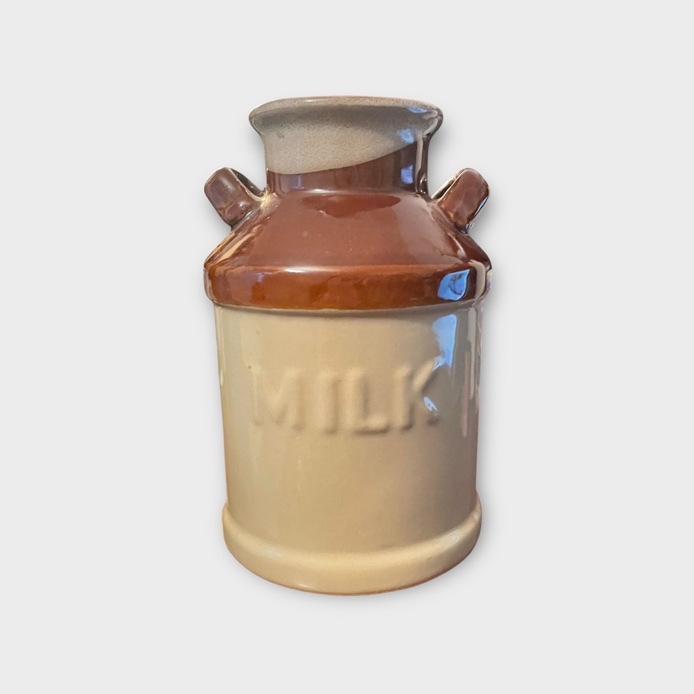Vintage Ceramic Milk Jug Canister 7" Brown Two Tone‎ Farmhouse Decor Handles